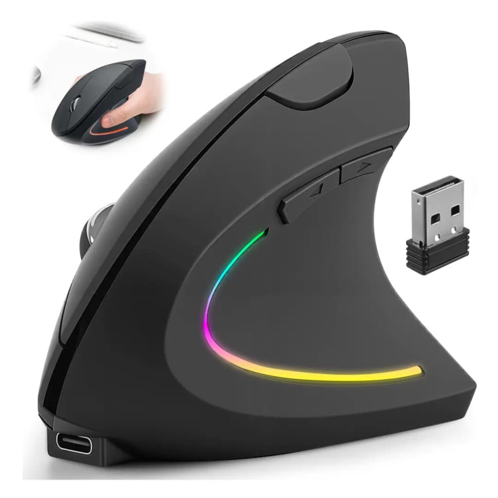 Mouse Vertical Sem Fio Wicopet Ergonômico Recarregável Preto USB 2400 ips Gamer