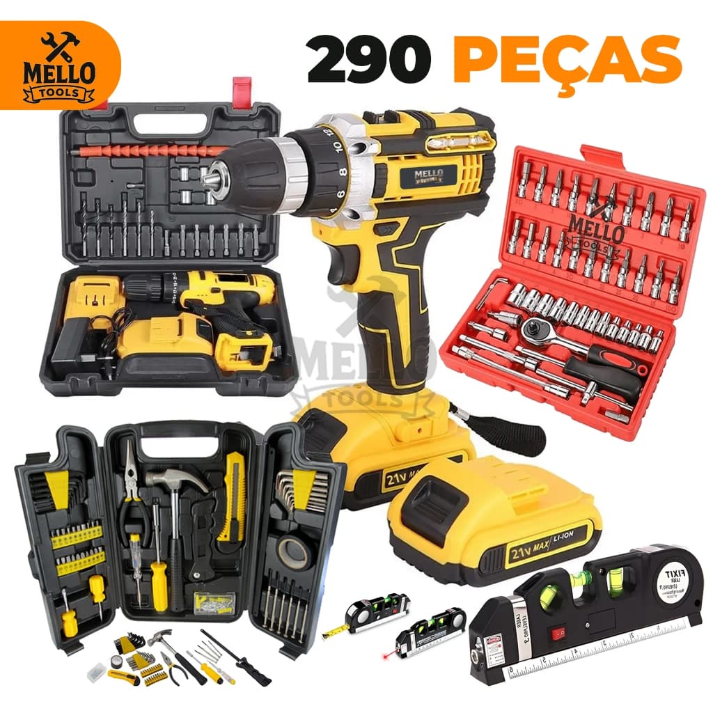 Kit Ferramentas 290 Peças com Parafusadeira Furadeira 21V Sem Fio + Jogo Soquetes 46 + Nível Laser e Trena Profissional