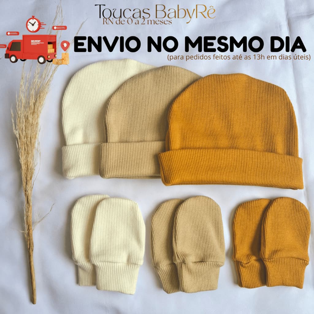 Kit 3 Touca de Bebê RN 3 Toucas e 3 Pares Luvas Recém Nascido Enxoval Maternidade Algodão Premium ..