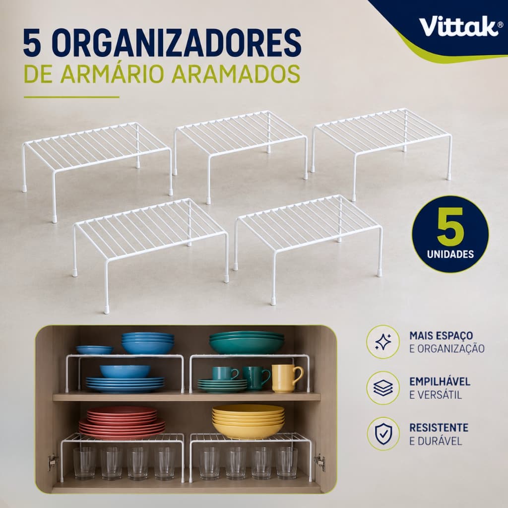Vittak Kit 5 Organizador de Armário Cozinha 32cm em Aço Branco Prateleiras Aramadas Empilháveis Multiuso