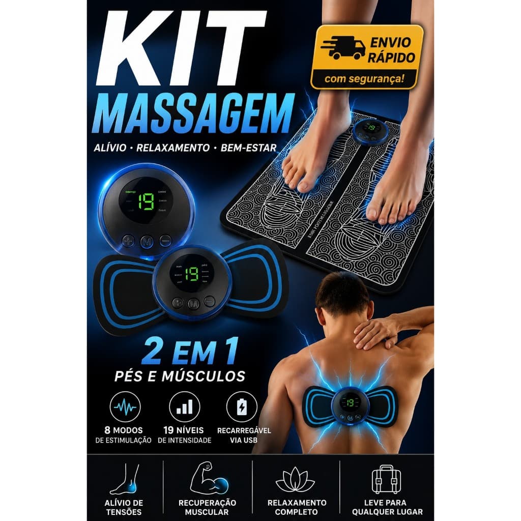 Massageador Elétrico para Pés e Músculos + Tapete Massageador Portátil Relaxamento Muscular USB