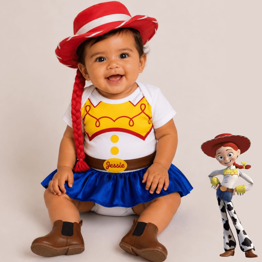 Body Bebê Jessie Toy Story Feminino Temático Kit Mesversário completo Para Menina Jessye com Acessorios