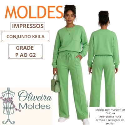 MOLDE CONJUNTO MOLETOM KEILA, CALÇA WIDE LEG, IMPRESSOS EM PAPEL KRAFT, GRADE P AO G2