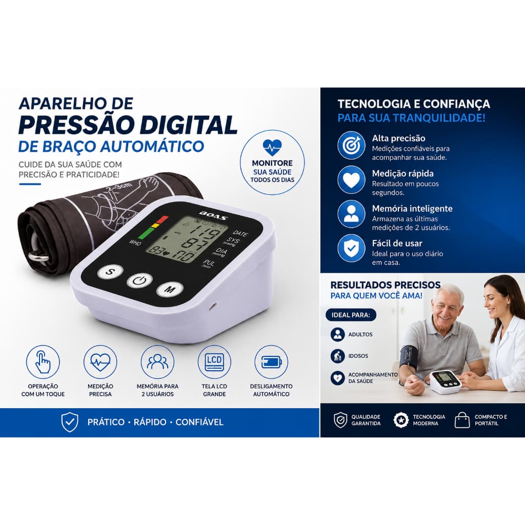 Aparelho Pressão Digital de Braço Automático Medidor de Pressão Arterial LCD Grande Memória 2 Usuários Medição Precisa