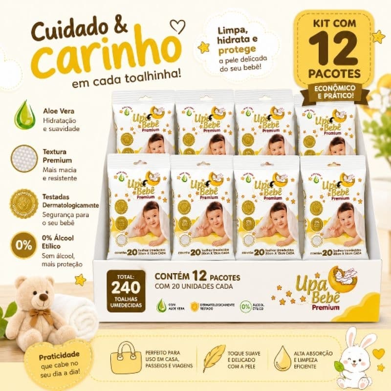 Kit de 12 pacotes de lenços umedecidos UPA bebê premuim/ 20 folhas cada,aloe Vera  proteção para o bebê