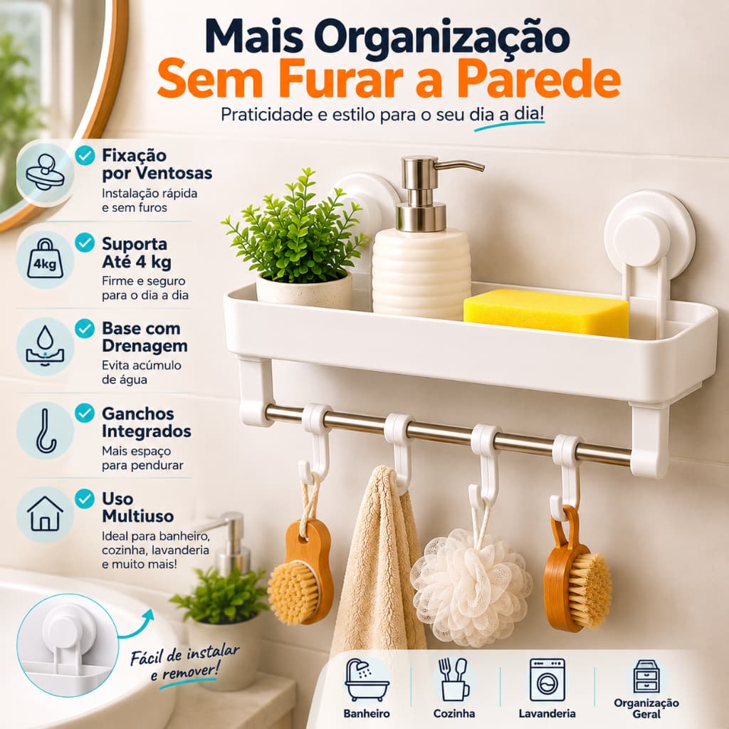 Organizador Multiuso com Ganchos Branco Suporte Organizador de Parede Prateleira para Banheiro Cozinha Lavanderia