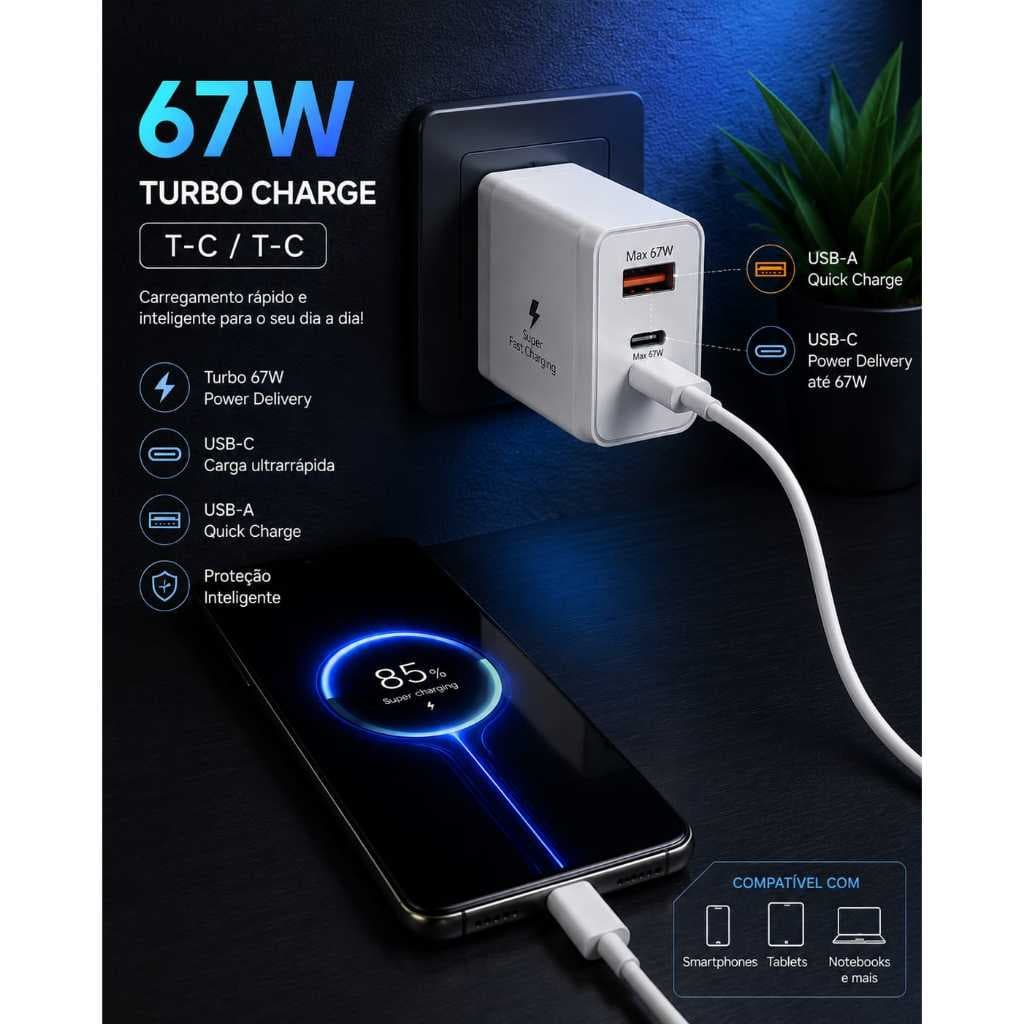 Carregador Super Rapido 67W Xiaomi, PARA Smartphones e tablet T-C