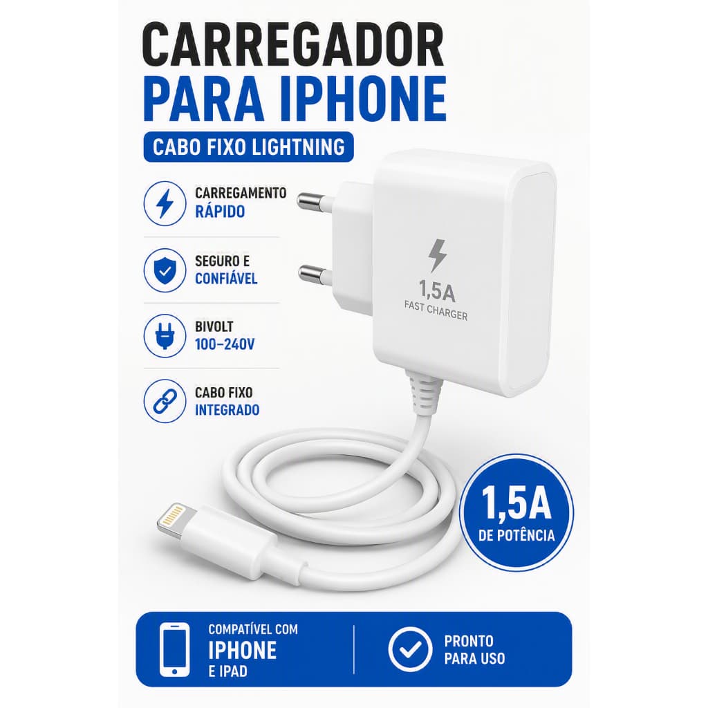 Kit Carregador para iPhone Fonte + Cabo Lightning Carregamento Rápido