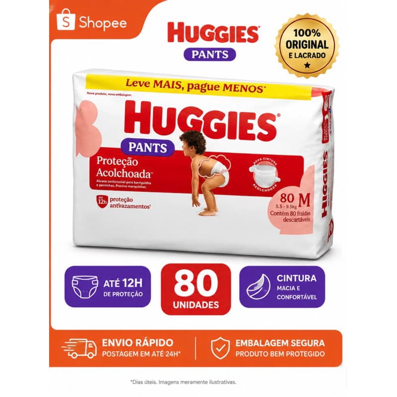 Fralda Huggies Pants Proteção Acolchoada Tamanho M 80 Unidades Original Até 12h de Proteção