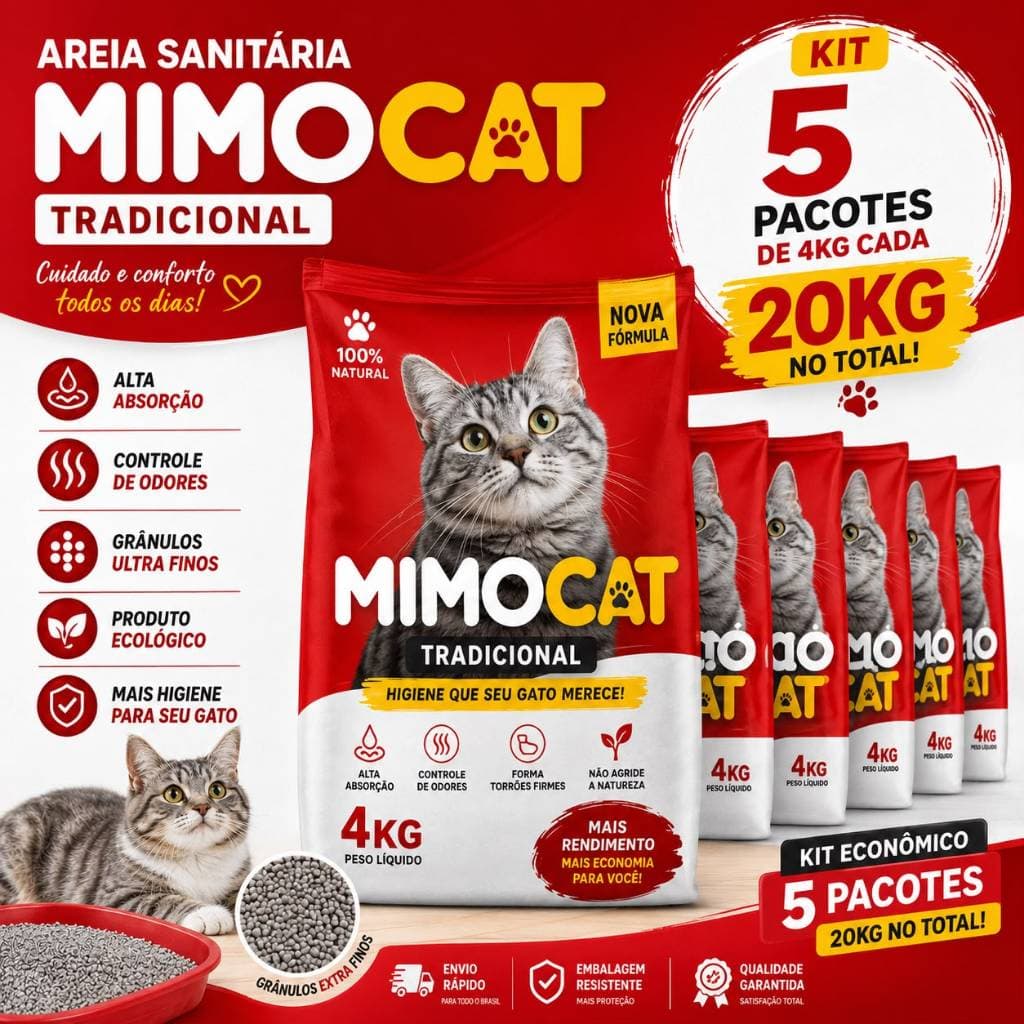 Kit 5 Areia Sanitária Higiênica Argila Natural para Gatos Grãos Médios Tradicional 20kg MIMO CAT