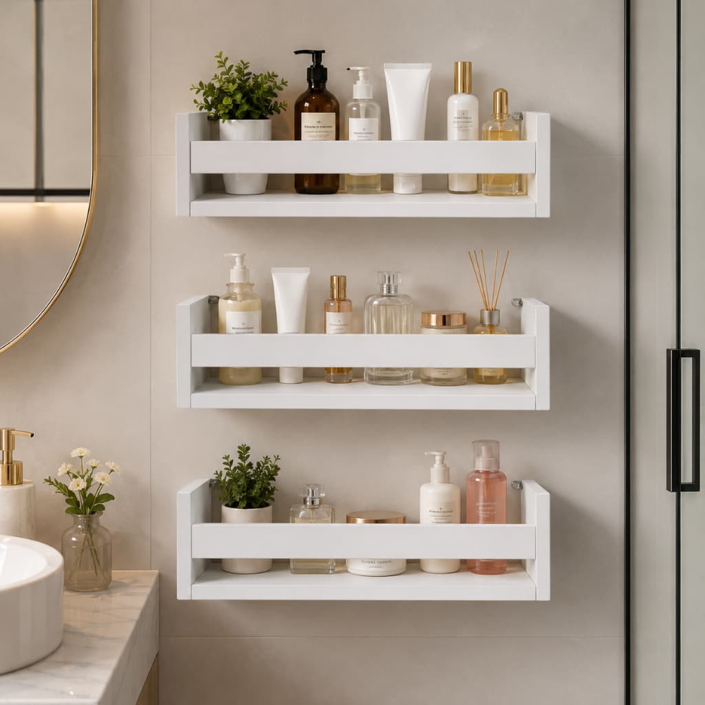 Kit 3 Suporte Organizador Banheiro MDF Branco Porta Shampoo Prateleira Suspensa Parede Decorativa