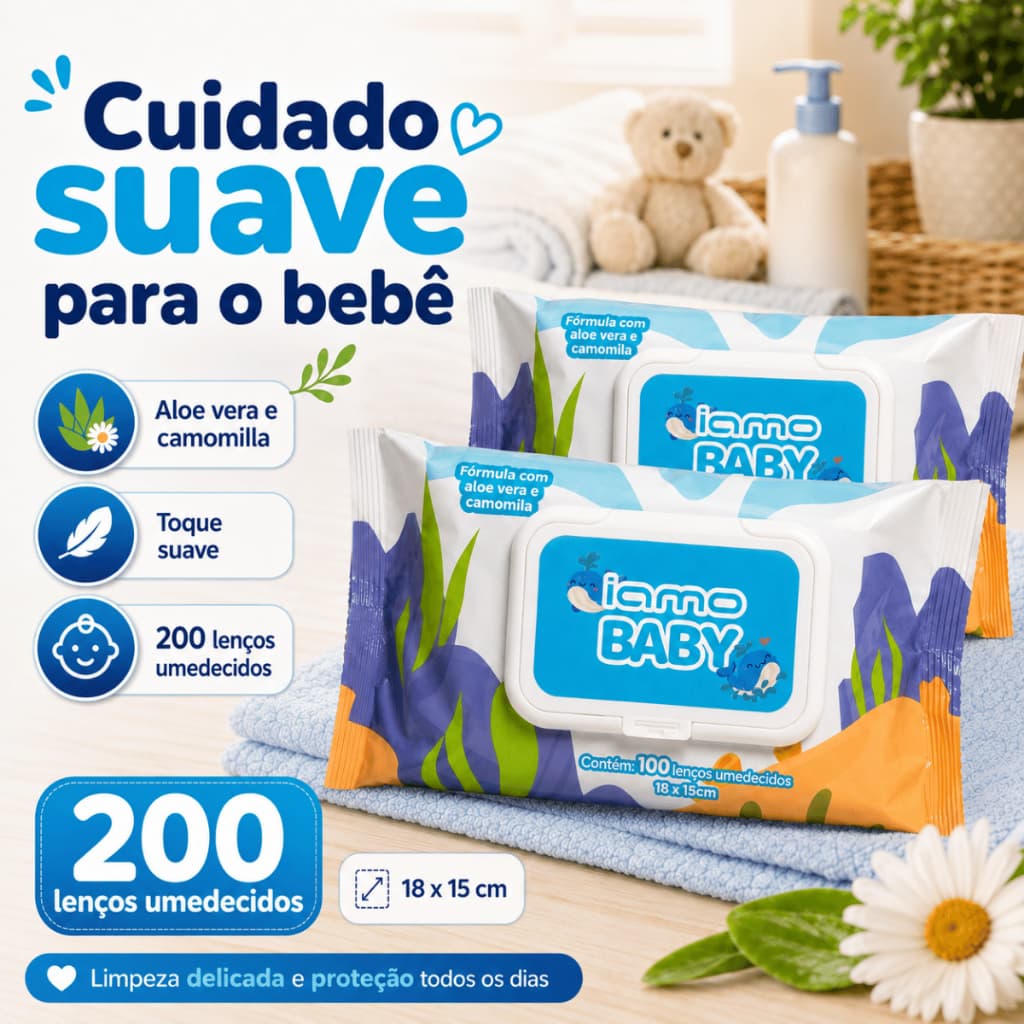 Lenço Umedecido Infantil 100 Folhas para Higiene Delicada do Bebê Kit 2 Pacotes