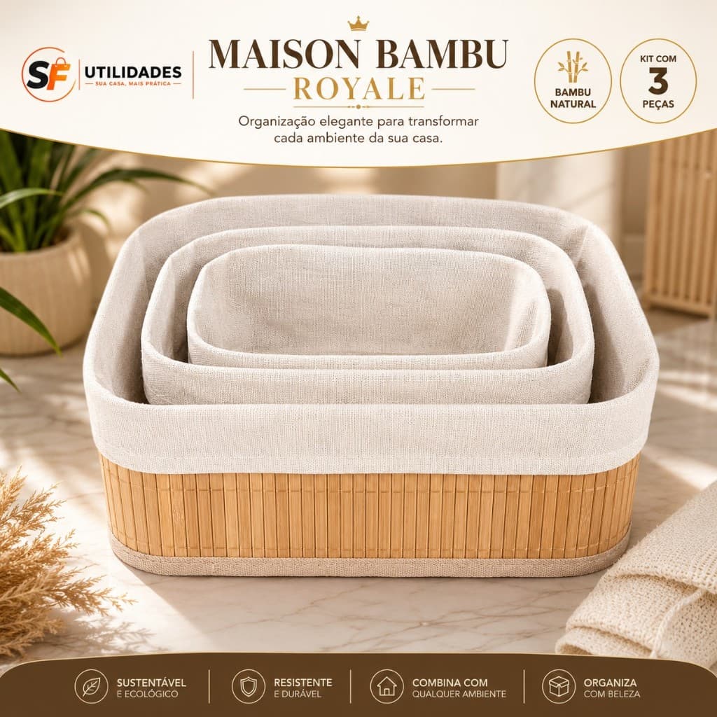 Kit 3 Cestos Organizadores de Bambu Natural com Forro de Tecido | Organizador Multiuso para Banheiro, Closet, Guarda-Rou