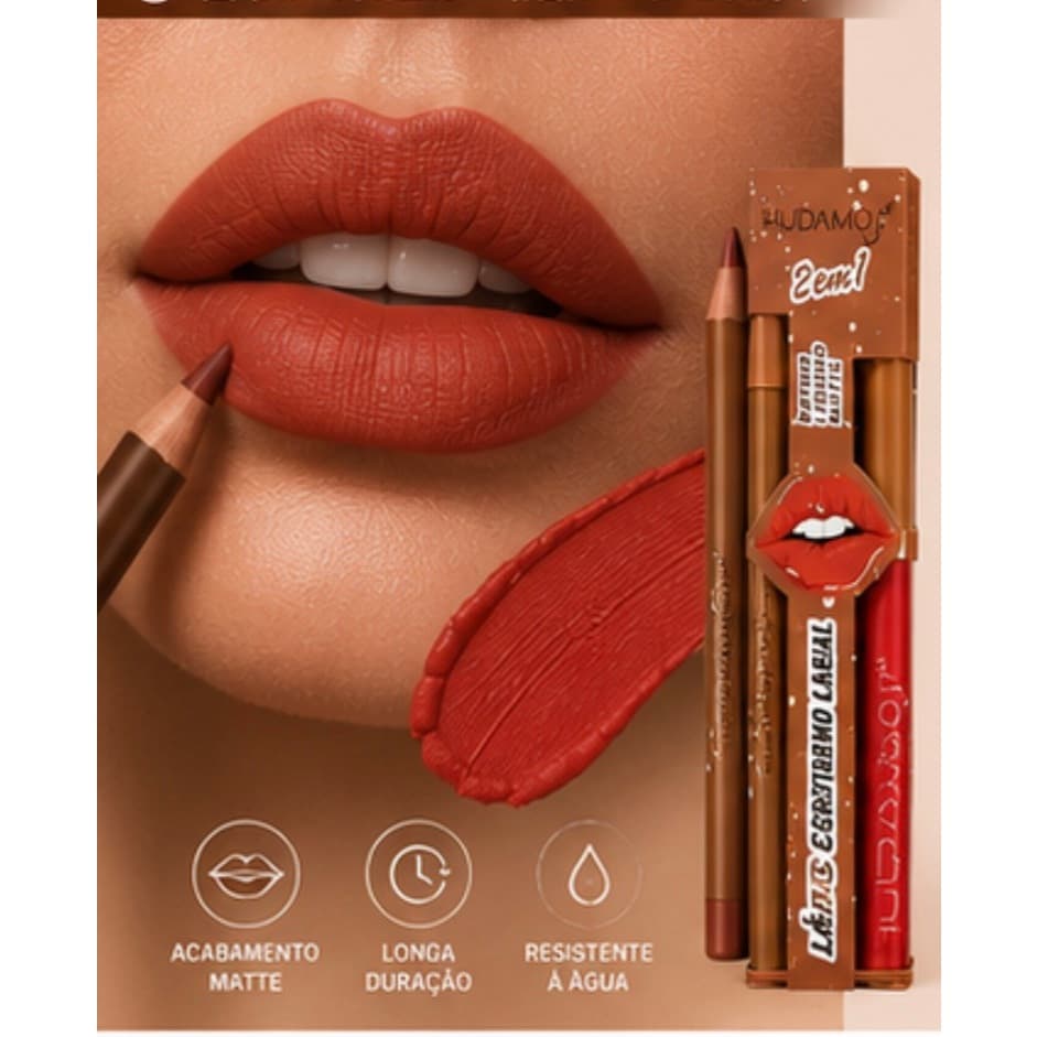 HUDAMOJI Kit 2 em 1 Lápis Labial + Batom Líquido Matte Longa Duração 6 Cores à Prova d'Água