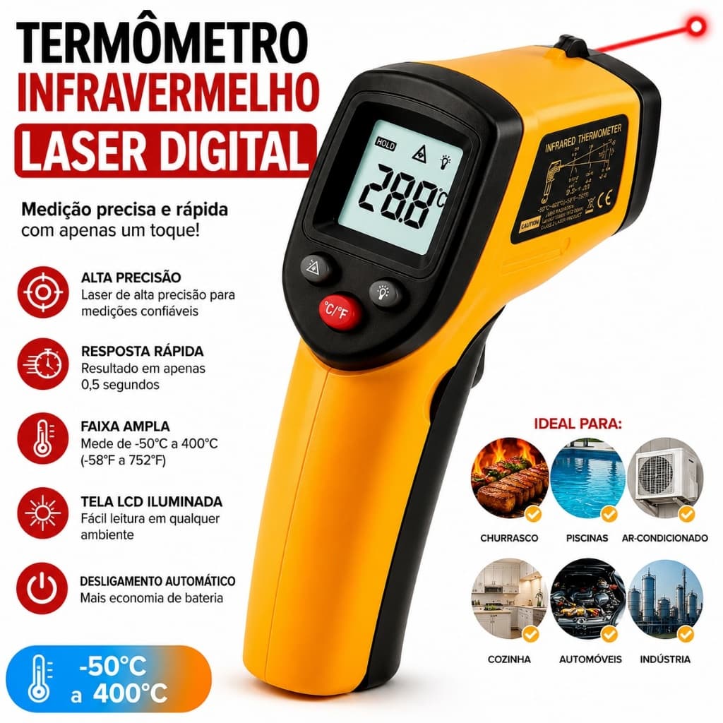 Termômetro Infravermelho Laser Digital -50°C a 400°C Industrial e Culinário