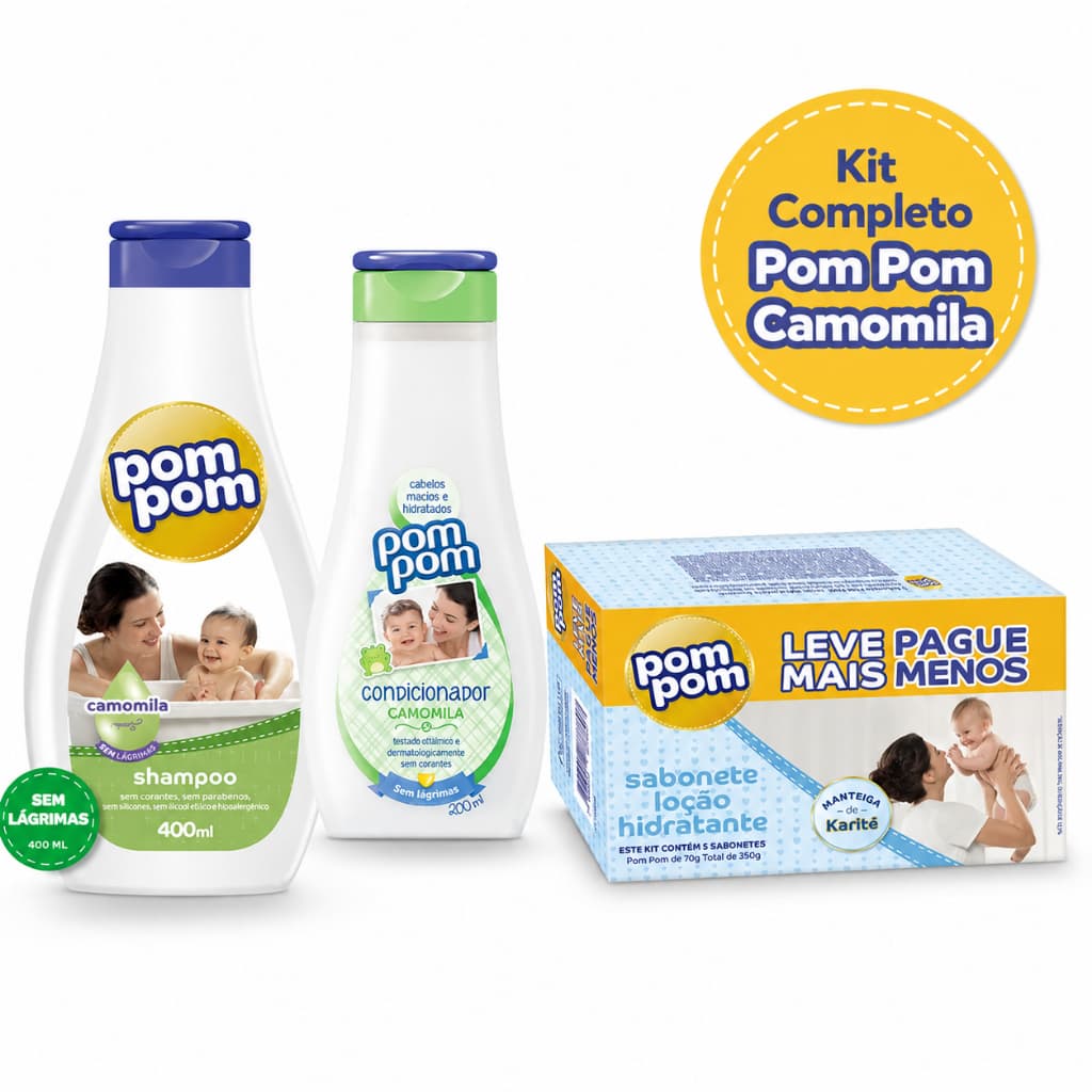 Kit Completo Pom Pom Bebê Plus Camomila Shampoo 400ml + Condicionador 200ml + Sabonetes Hidratantes