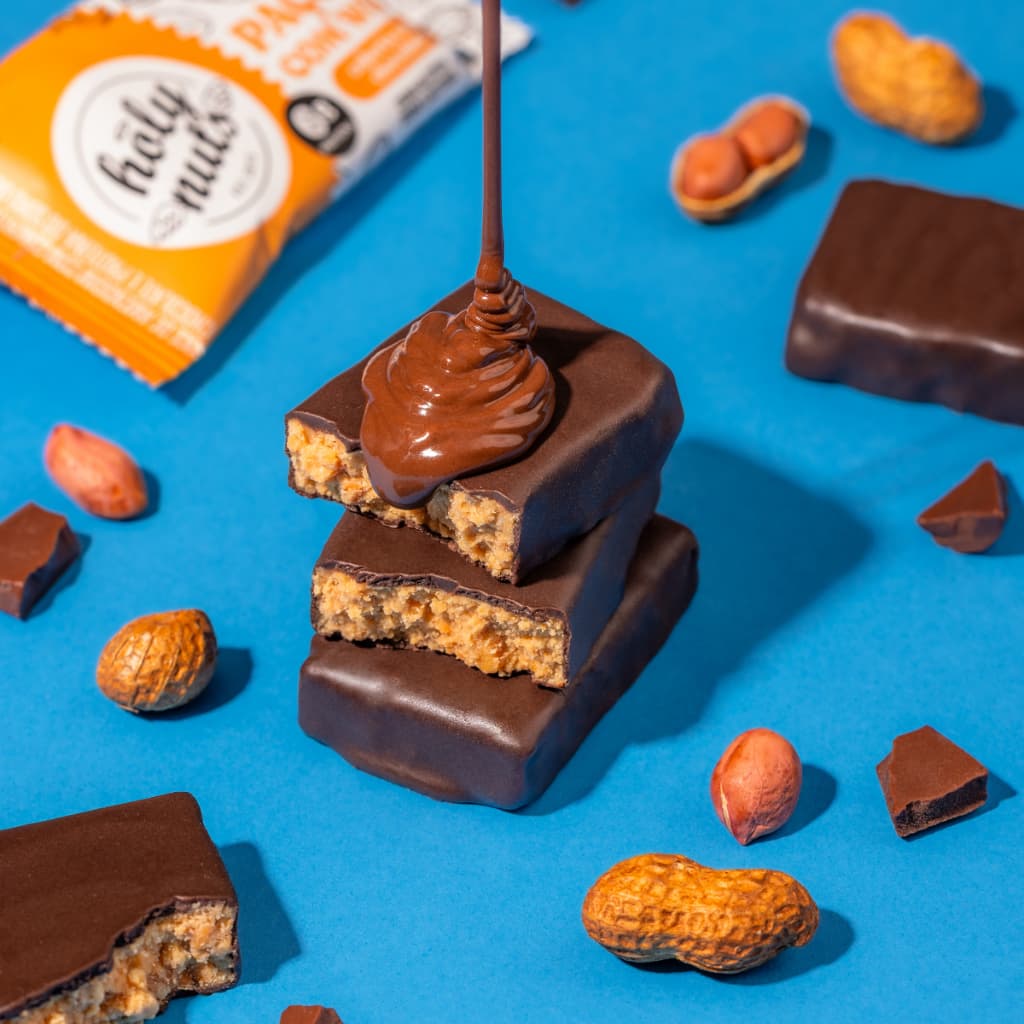 Caixa Paçoca Zero Açúcar Com Whey Protein Coberta Com Chocolate ao Leite ou Branco 12 unidades