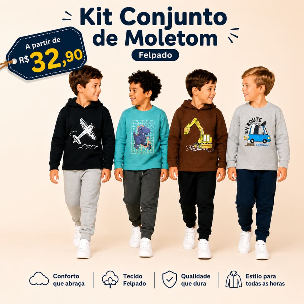 kit Conjunto De Moletom Infantil Menino 1 ao 8 - Felpado  Roupas De Inverno conjunto De Frio