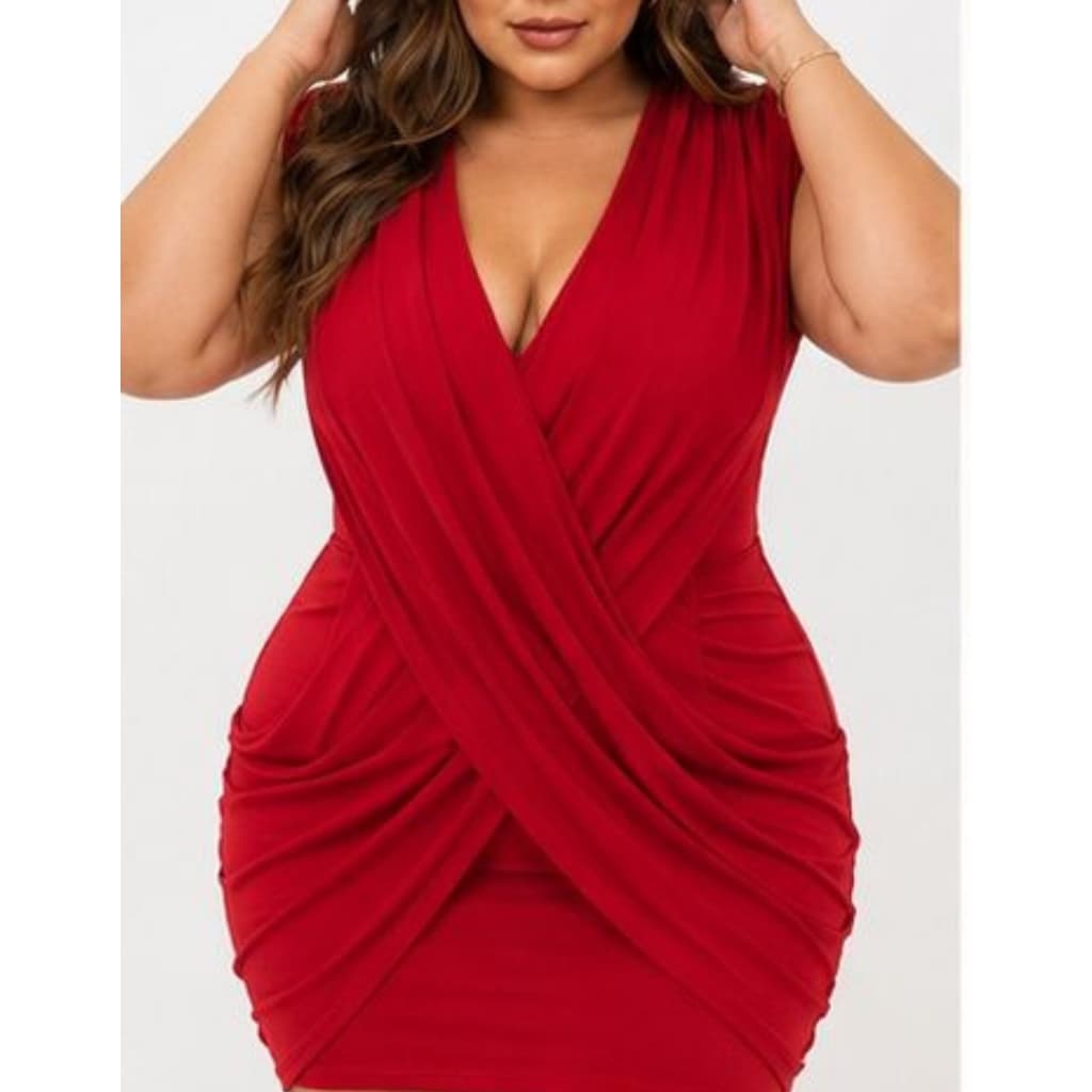 Vestido Plus Size Feminino Curto Transpassado Drapeado Decote V Elegante Festa Casual