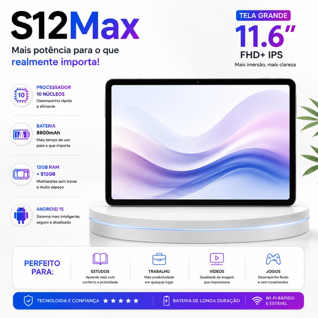 S12 Max Tablet with Free Keyboard and Mouse | 12GB RAM 512GB | 11.6" HD Screen | Android 15 | 5G