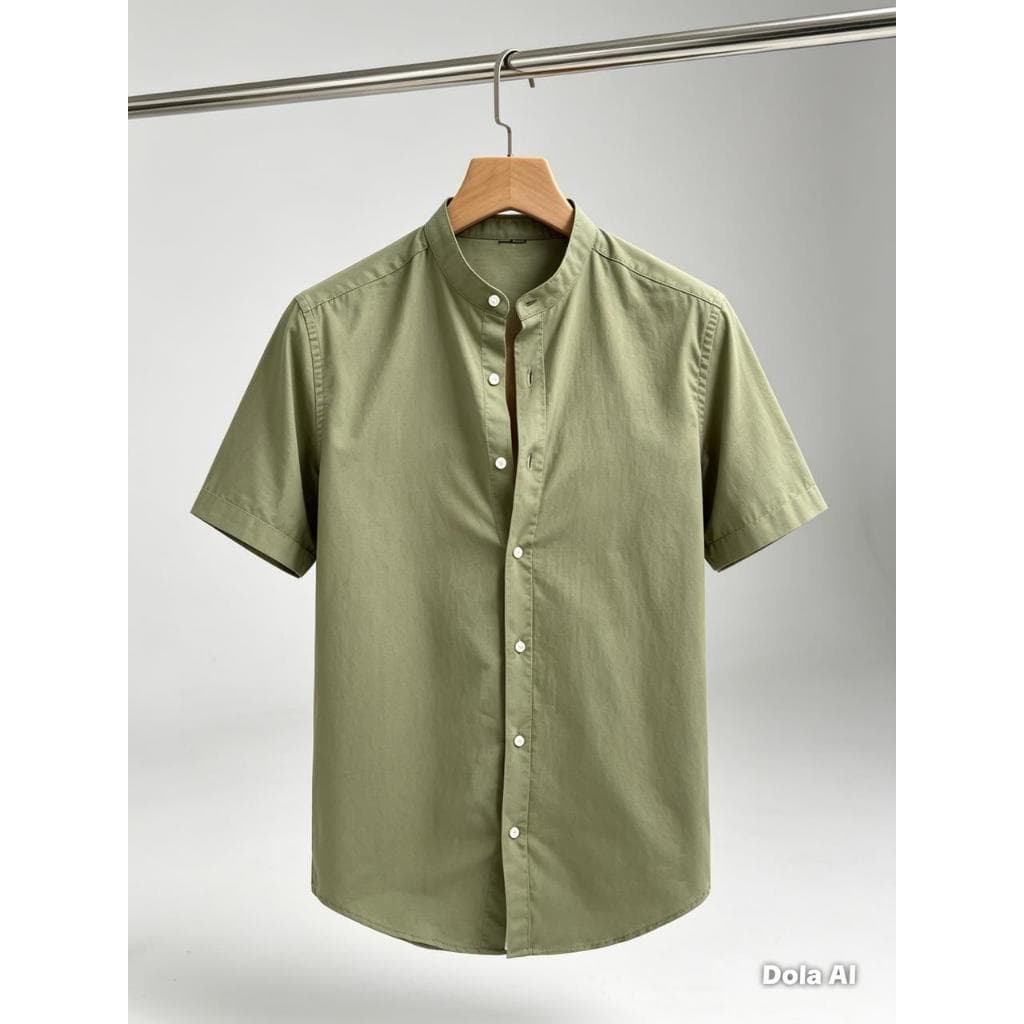 Camisa Social Masculina Linho Gola Padre Manga Curta Slim Fit Casual