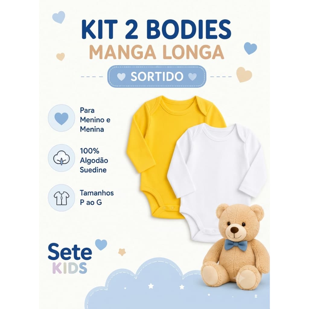 Kit 2 Body Bebê Manga Longa 100% Algodão Suedine Macio Enxoval Menino Menina P M G
