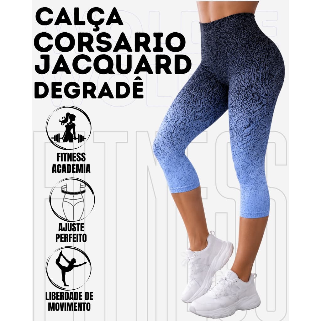 Calça Corsario Jacquard Degrade Em Poliamida Cintura Alta Confortável Fitness WOLFOX