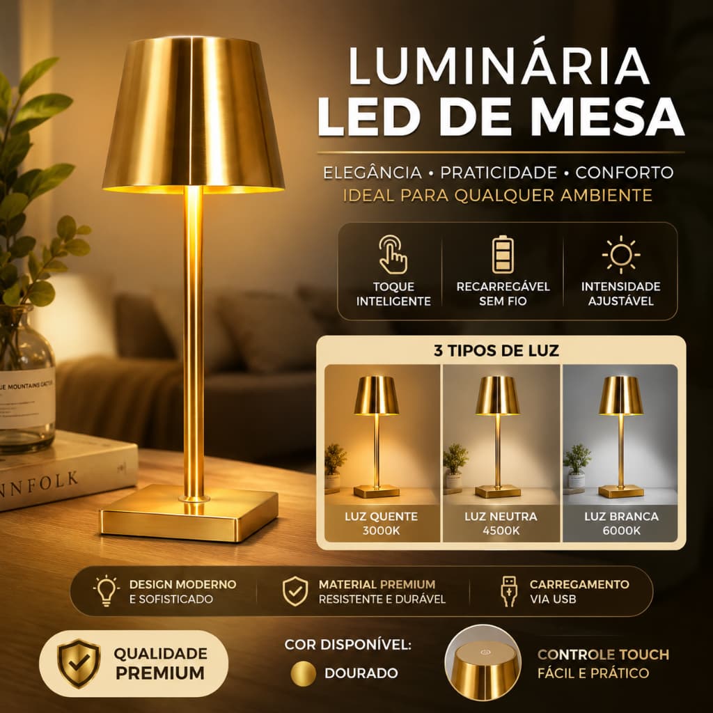 Luminária de Mesa LED com Toque, Sem Fio, Dimerizável, Ideal para Leitura e Decoração