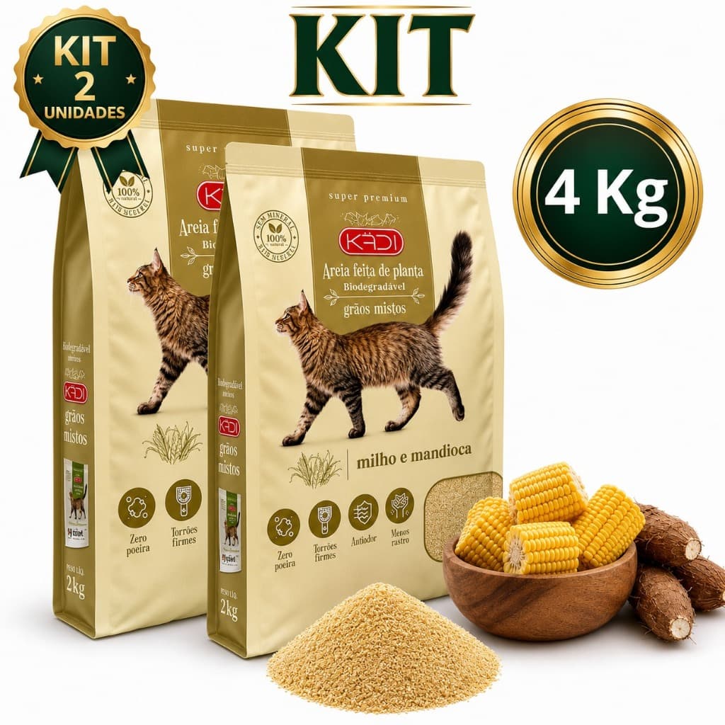 Kit 2 Areia Mandioca E Milho Biodegradável Grãos Mistos Gatos Sanitária Higiênica Kadi 2kg