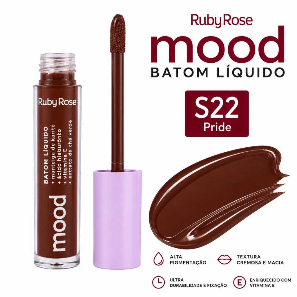 Batom Líquido Matte Mood Ruby Rose - Alta Pigmentação / Acido Hialurônico / Vitamina E / Cor 22 Pride