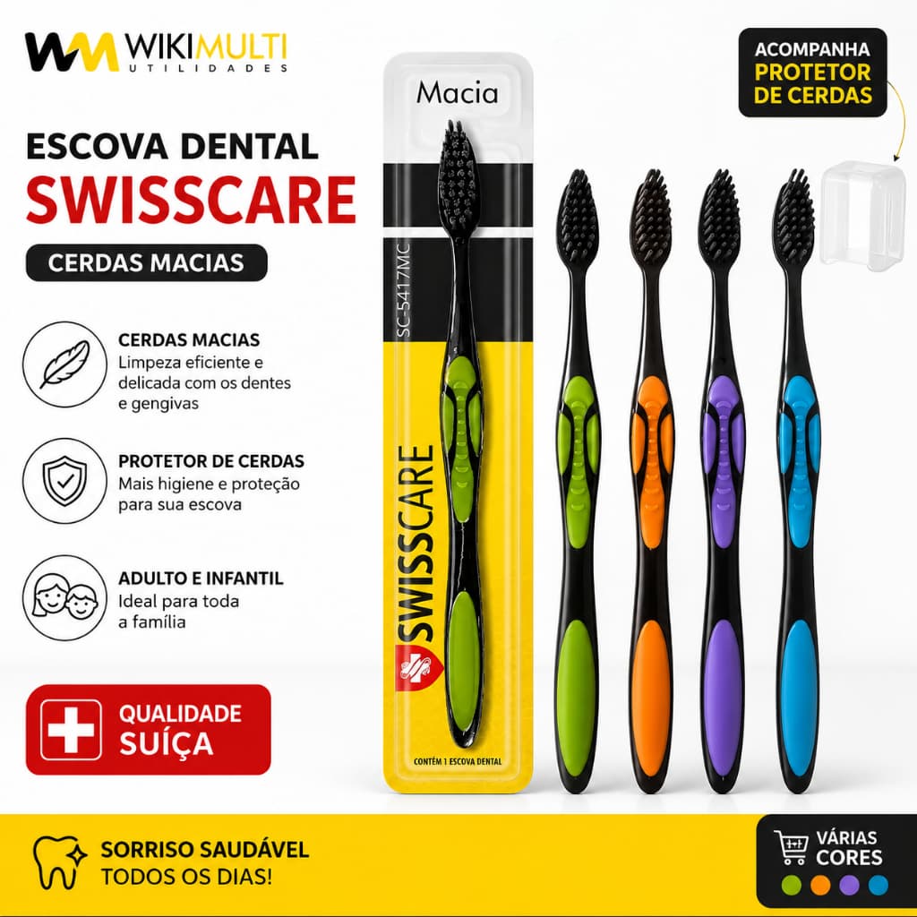 Escova Dental Swisscare Macia Adulto Com Protetor De Cerdas e Estojo de Proteção - Cores Sortidas