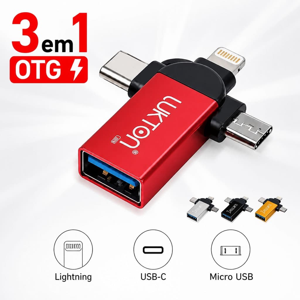 Adaptador 3 em 1 OTG Entradas Lightning e USB-C Portátil para iPhone, Celulares Android e Diversos Tablets