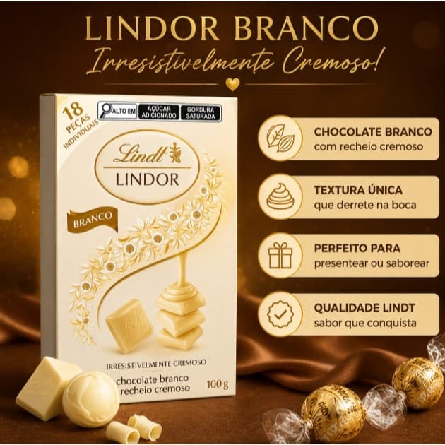 Chocolate Lindt Lindor Branco 100g Caixa  Recheio Cremoso Importado Suíço