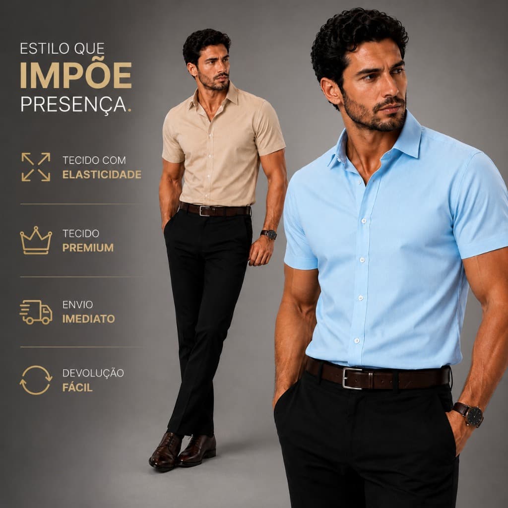 Camisa Social Masculina Tecnológica Manga Curta Slim Fit Luxo Algodao com Elastano Dia dos Pais