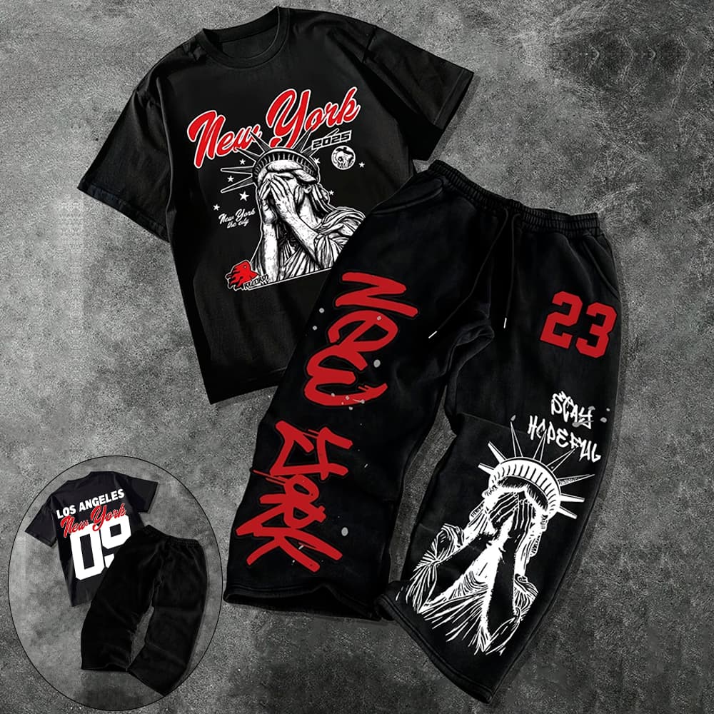 Kit Conjunto Camiseta +Wide Leg Moletom Synaworld Central Trap Hip Hop Conjunto Y2k Streetwear Syna Shirt de Verão Y2K
