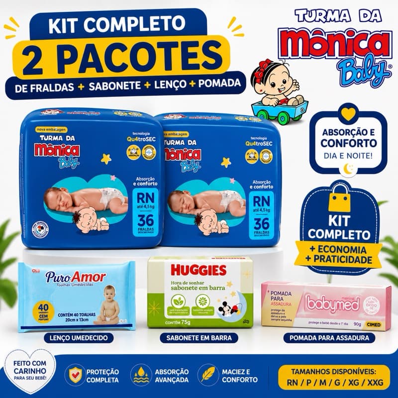 Kit Chá de Bebê 2 Pacote de Fralda Descartavel + 1 Lenço Umedecido + 1 Sabonete + 1 Pomada