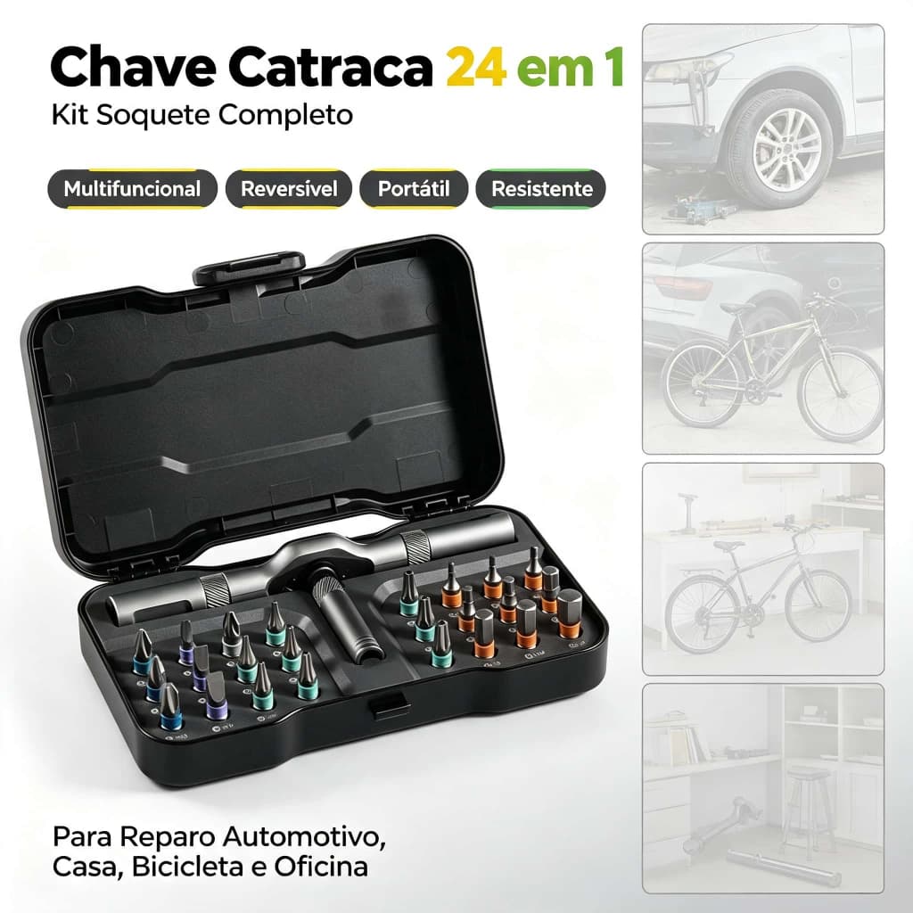 Conjunto de chave de catraca multifuncional 24 em 1 caixa de ferramentas completa caixa de manga reversível mecânica