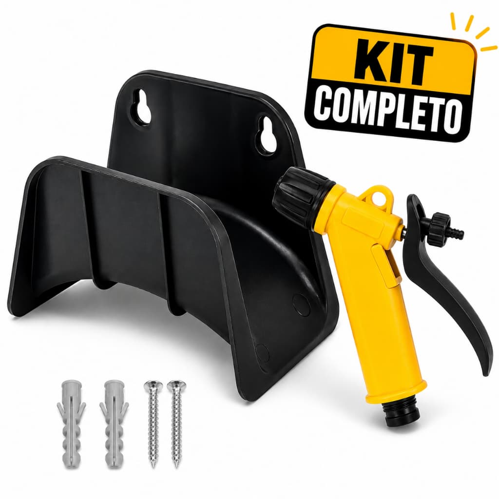 Suporte Mangueira Jardim Parede Preto Kit Completo Enrolador Esguicho Parafuso Reforçado