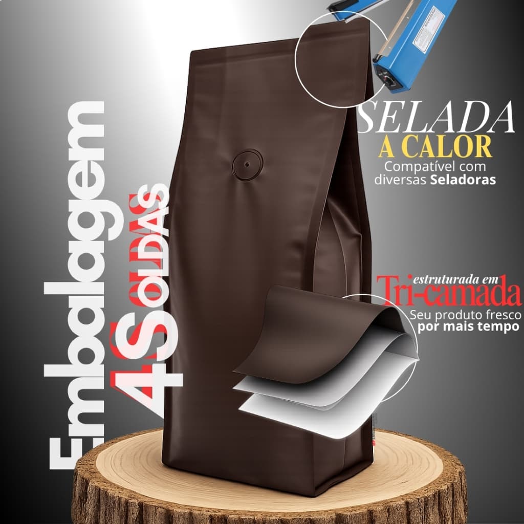 Embalagem 4 Soldas, com Válvula Aromática, para Café Moído e em Grãos, 250g 500g 1kg (Kit 100unids)