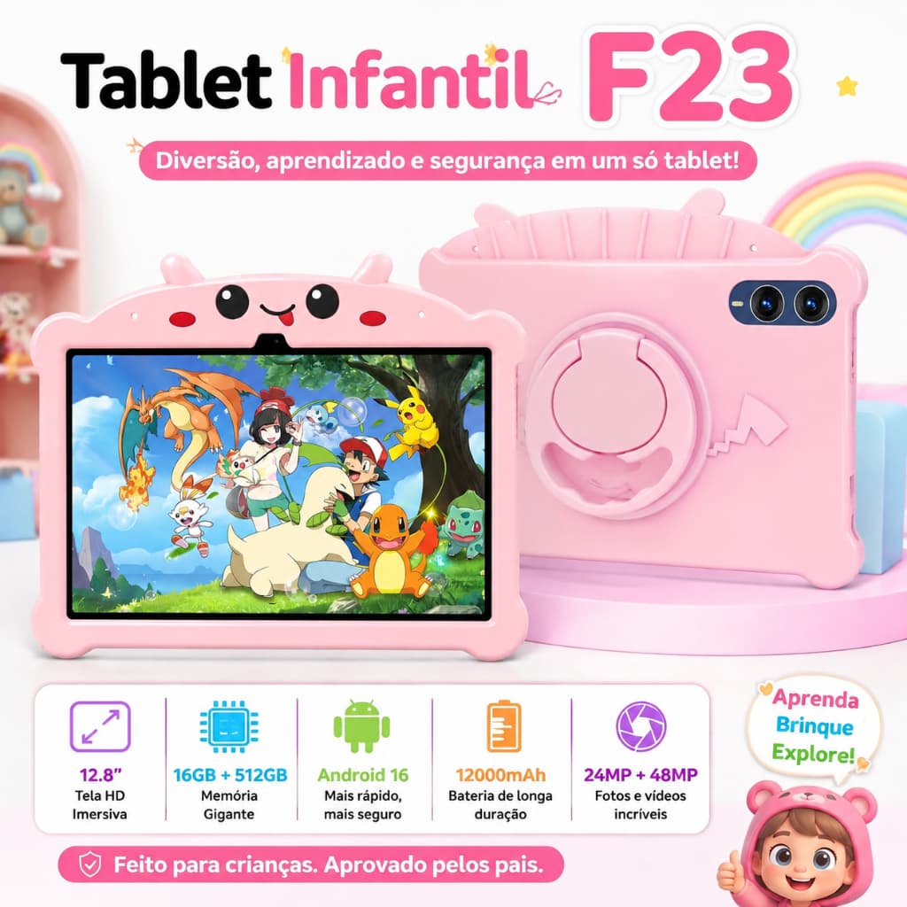 F23 Tablet Infantil Kids 12.8" - 16GB RAM +512GB ROM Bateria 12000mAh Câmeras 48MP+24MP Snapdragon 8 Gen 3 Android 16 5G