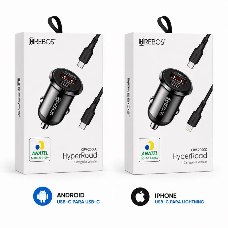 Carregador Veicular HREBOS HyperRoad CRV-200CC PD 20W + Cabo USB-C para USB-C | Homologado Anatel