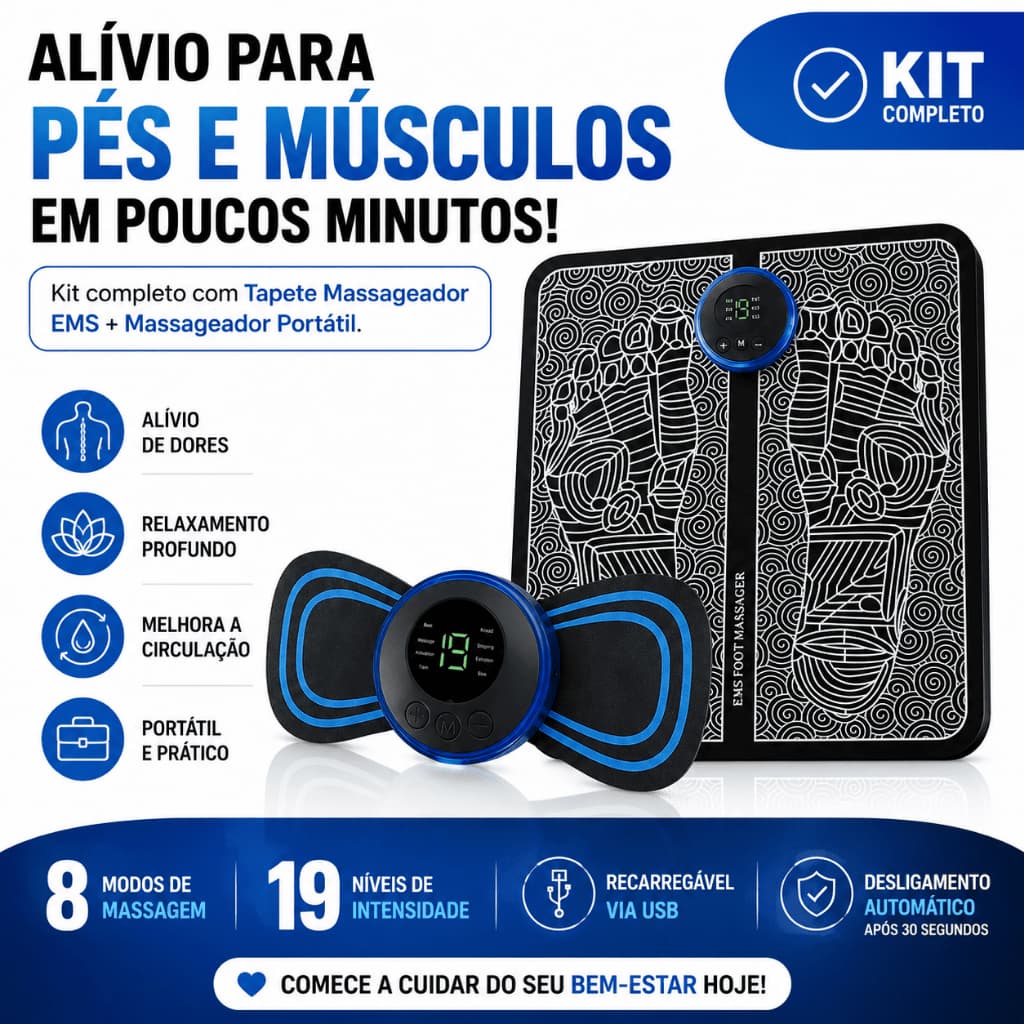 Kit Massageador Elétrico EMS Tapete Massageador + Mini Massageador Portátil Recarregável Alívio Muscular