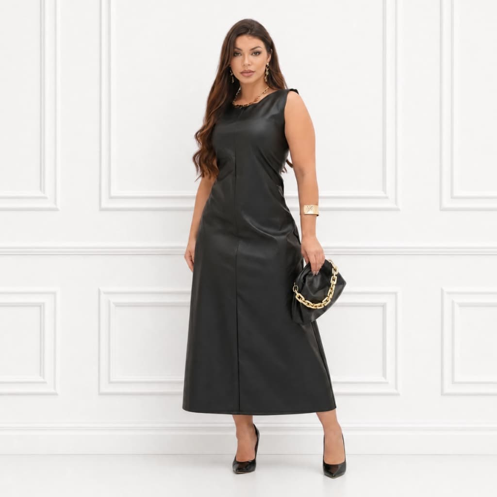 Vestido Feminino Longuete Couro Regata Soltinho Moda Elegante