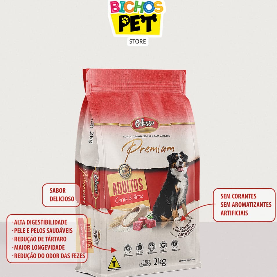 Ração para Caes Adultos Racao Colosso Premium Sabor Carne Arroz 2kg