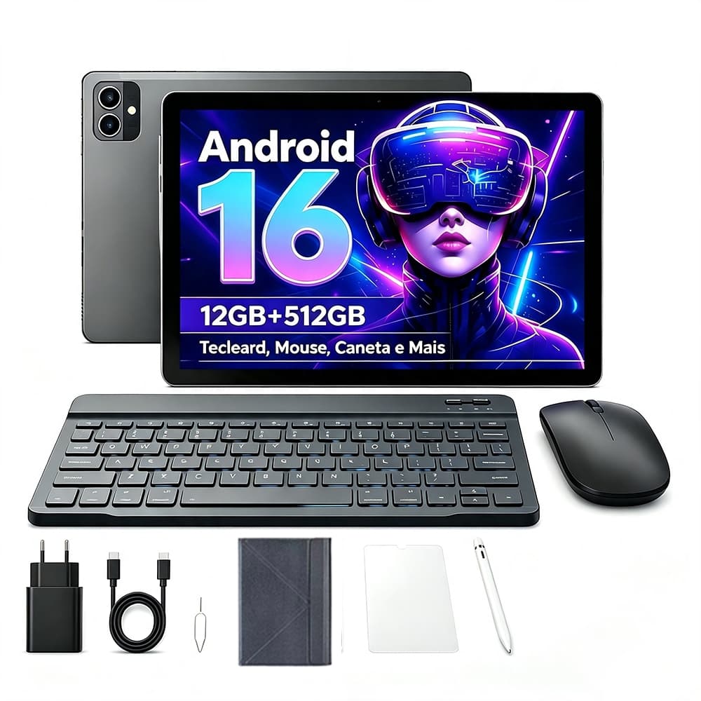 Tablet Pc 10.1''  Android 16 12GB RAM+512GB,5G WIFI, 10000mAh,16MP + 32MP - Completo Com Caneta e Teclado e Case e Mouse