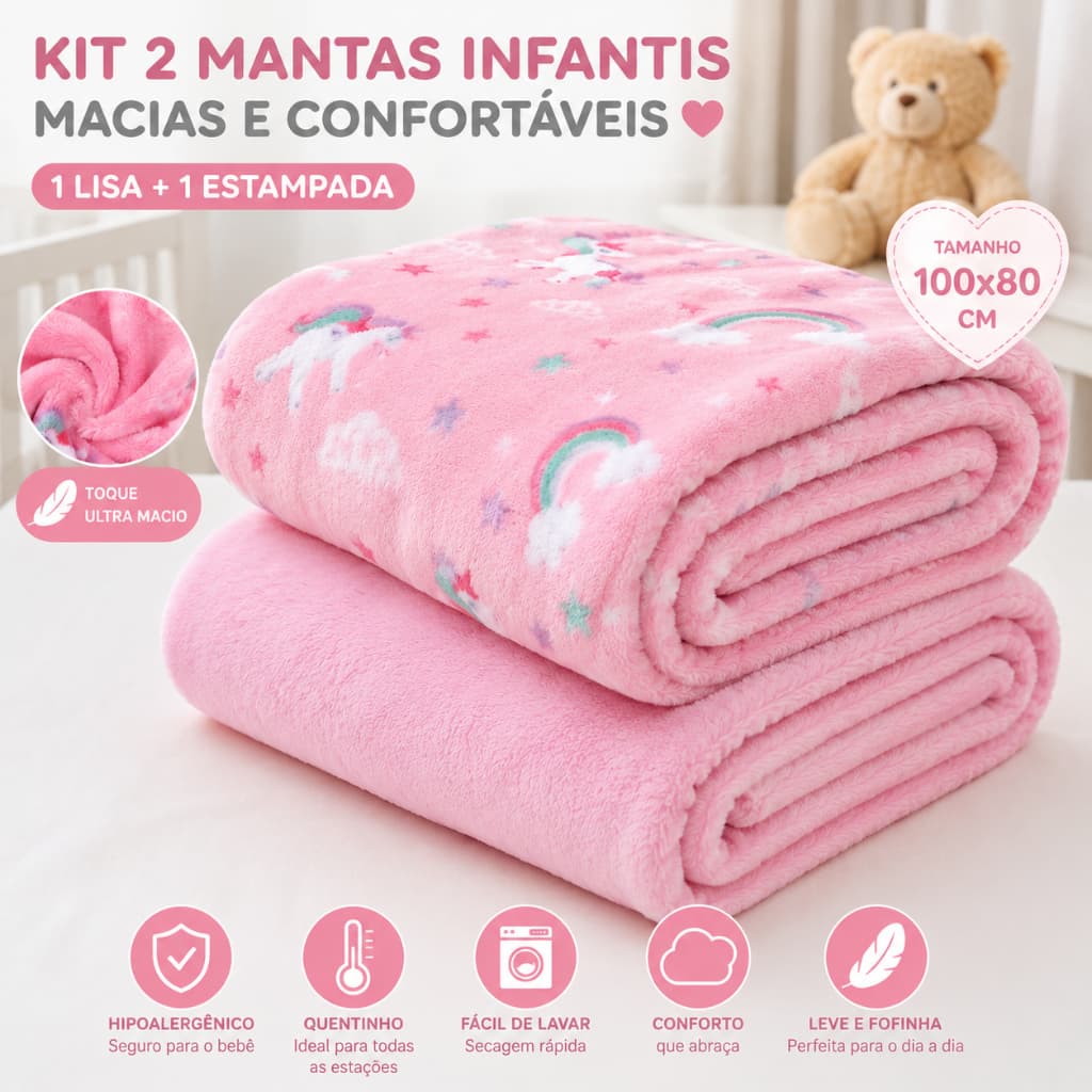 Kit com 2 Mantas Bebê Coberta Microfibra Menino Menina Recém Nascido