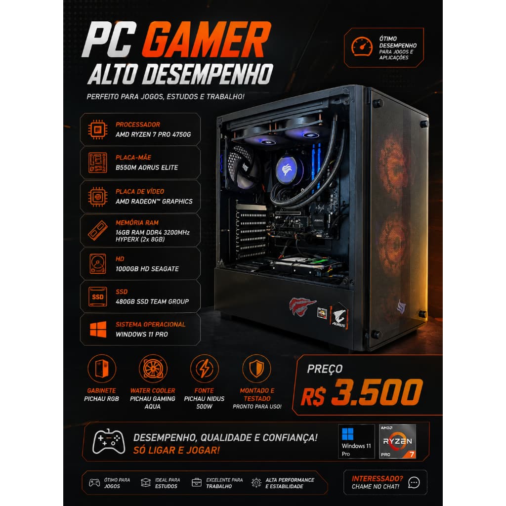 Computador de Mesa Pc Gamer AMD Ryzen 7 16gb Ddr4 3200MHz 480gb Ssd 1tb Hd Com Water Cooler RGB