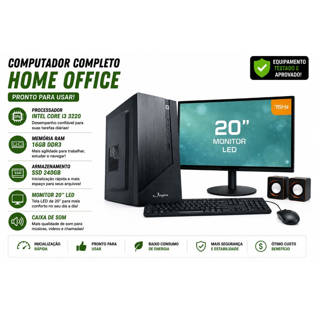 Computador Completo Home Office Intel I3 3220 16gb Ssd 240gb Monitor 20'' C/ ACESSORIOS