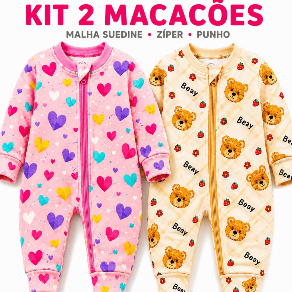 Kit 2 Macacão Bebê Menina Suedine Zíper Vira Pé Antialérgico P M G Enxoval Maternidade
