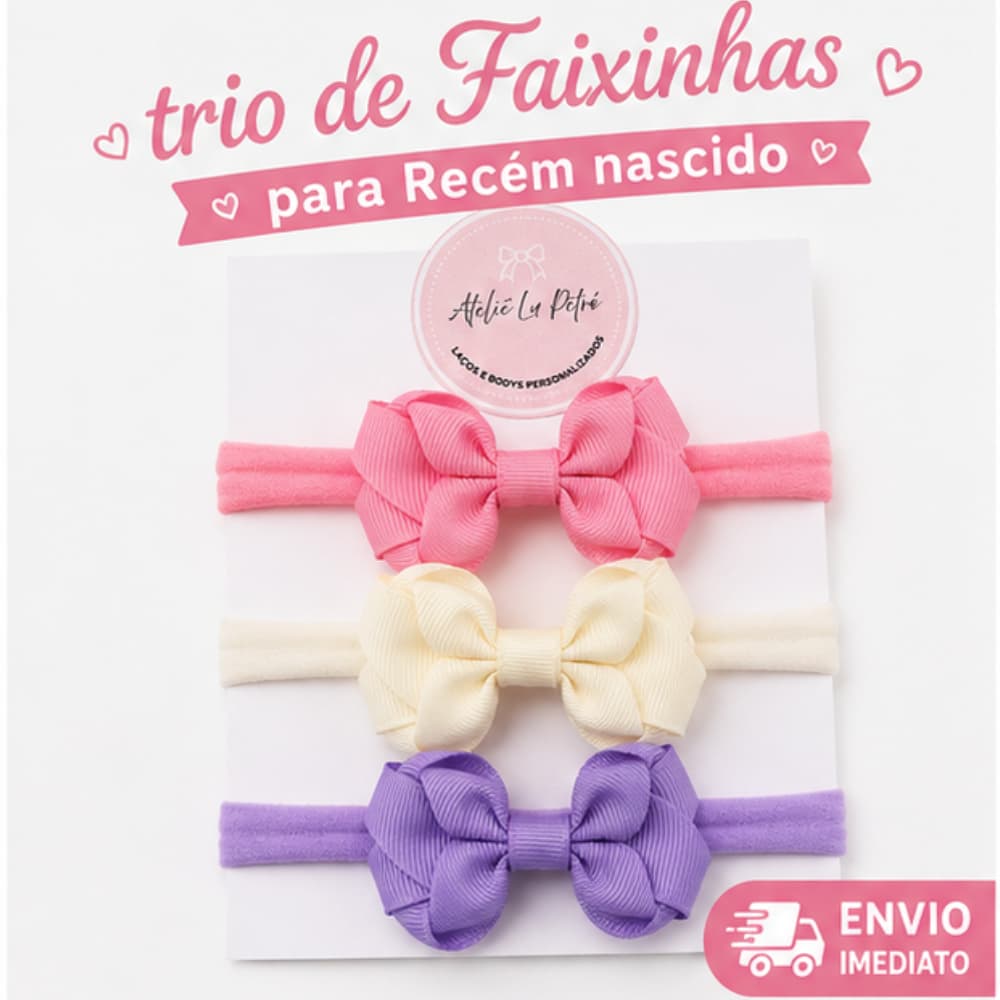 Kit 3 Laços para Bebê Faixinhas Maternidade Tiarinhas para o Enxoval para Bebê Laço Cabelo Bebê